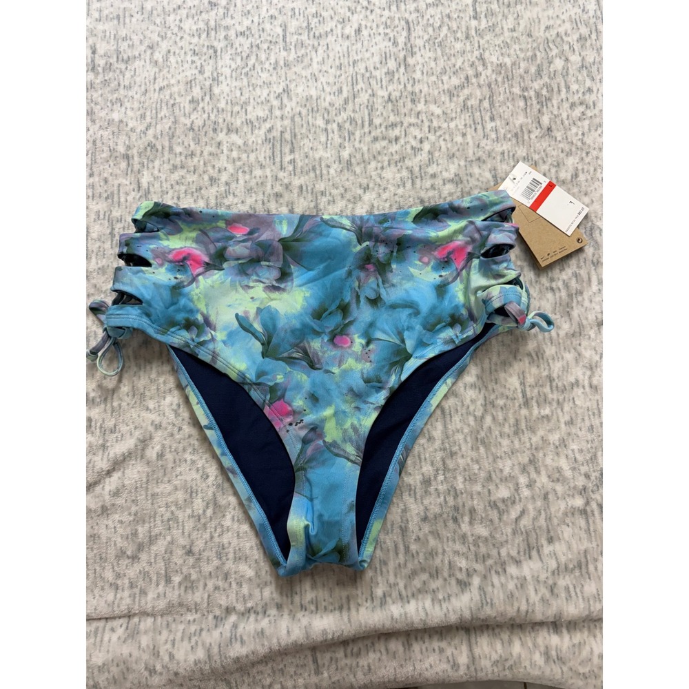 Nike Swim NESSE285 Women High Waist Strappy Bikini Bottom Blue‎ Floral L
